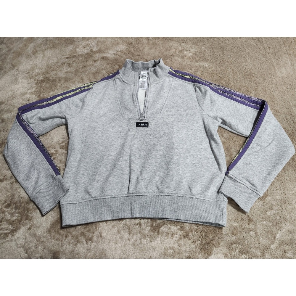Women's ADIDAS Track Jacket Gray w Purple Trim Extra Small XS 1/4 Zip mock neck